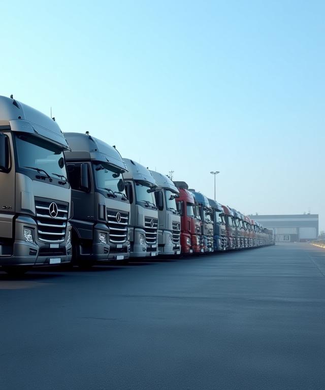 Lineup of heavy-duty trucks at a logistics hub